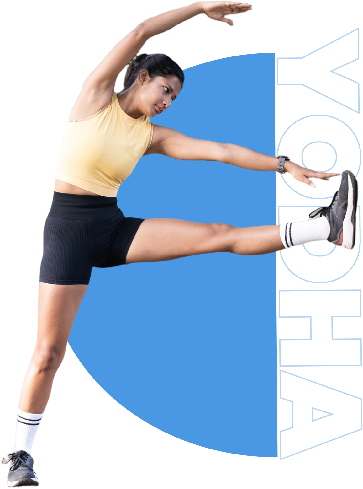 Woman stretching leg against blue background.