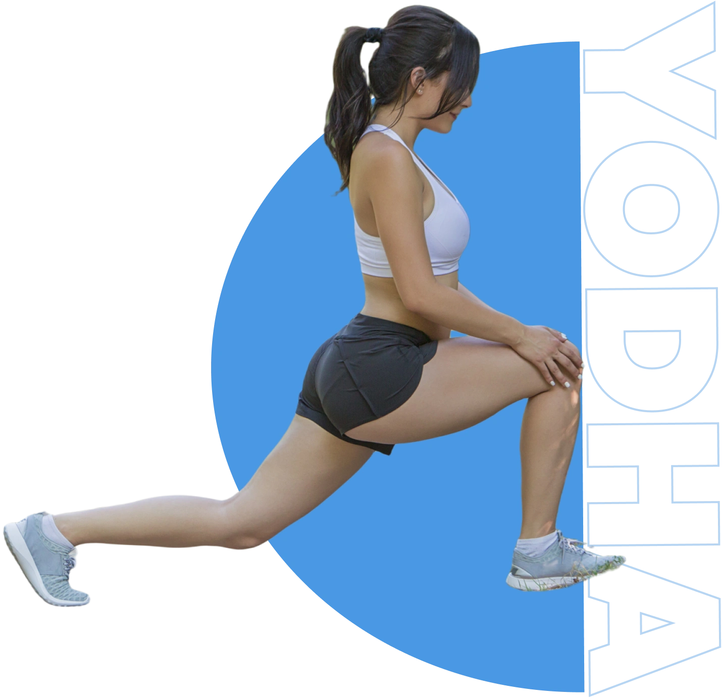 Woman stretching in athletic wear, black background.